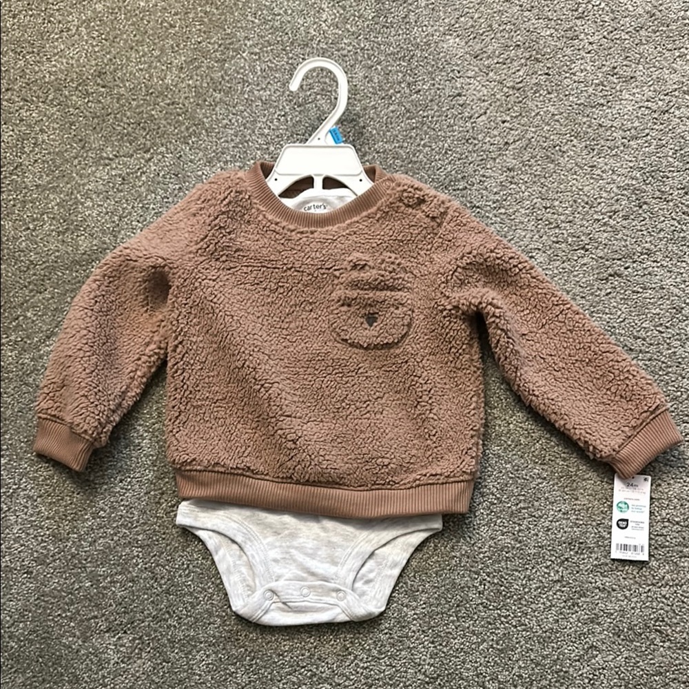 Cozy Brown Teddy Bear Baby Sweater with Onesie